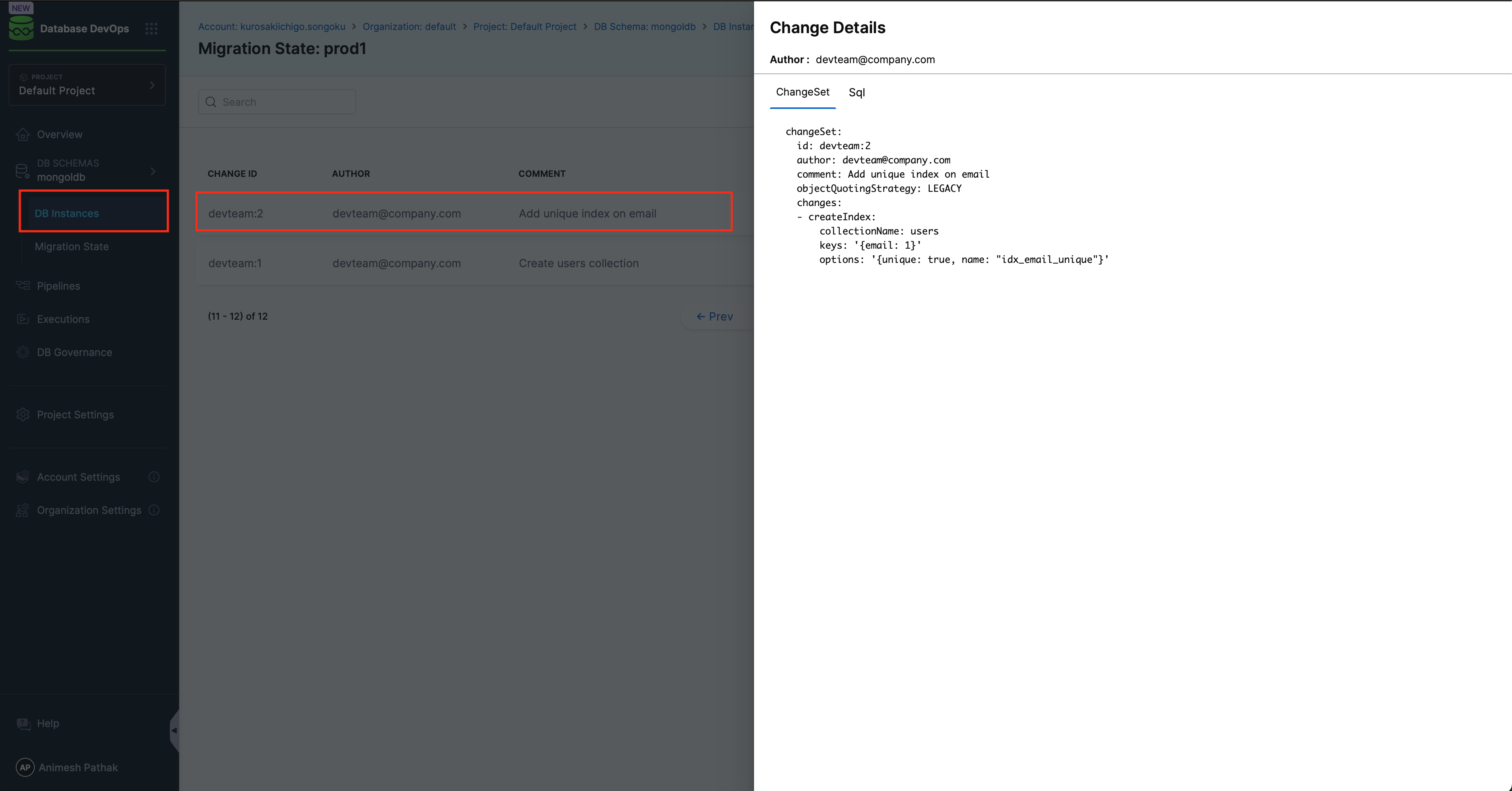 A screenshot of the Harness Database DevOps ChangeSets UI
